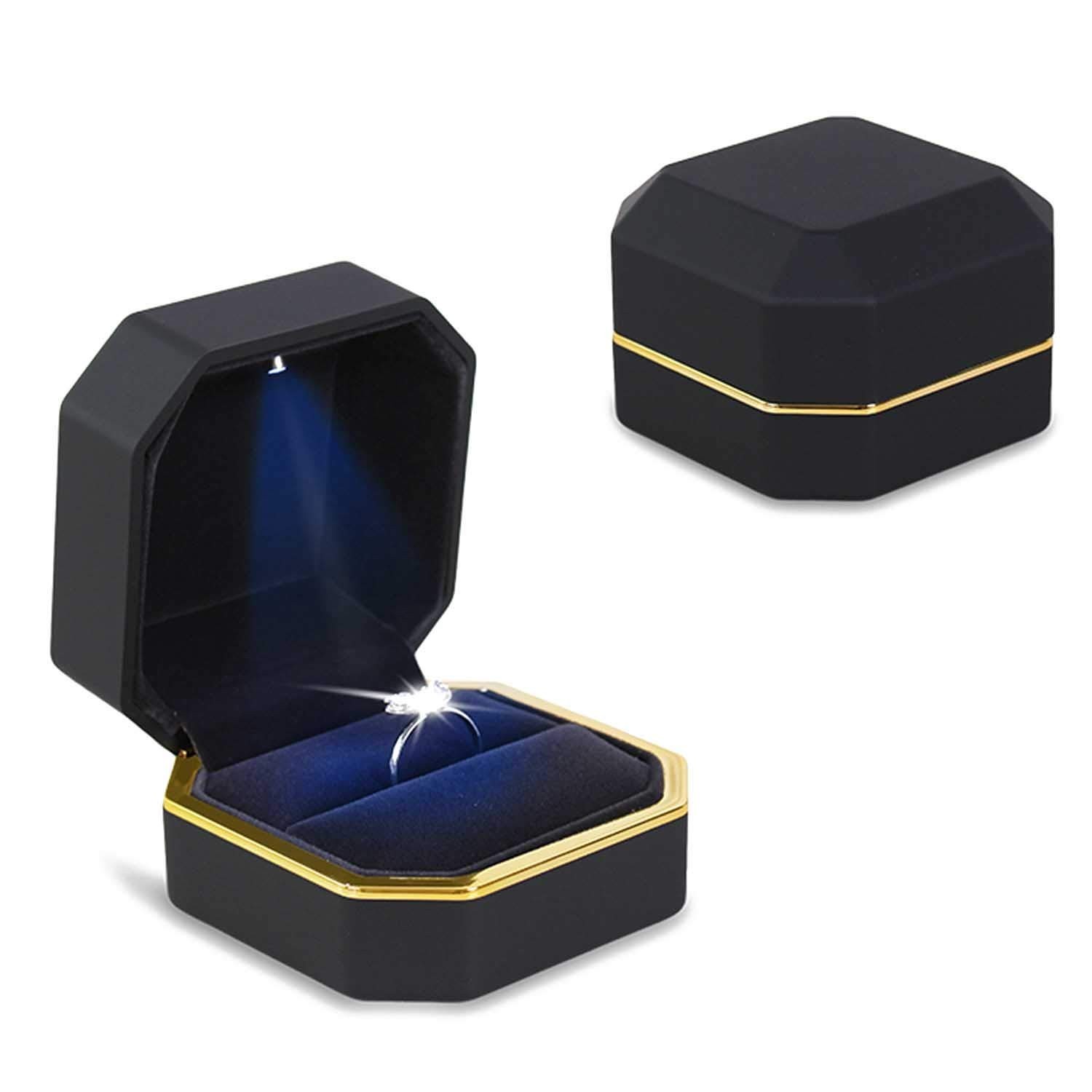 Elegant Velvet Ring Box with LED Light – Square Jewelry Case for Engagement & We