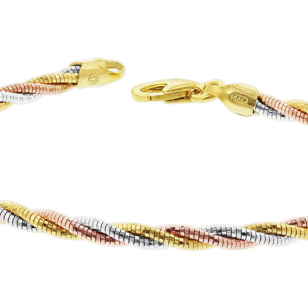 Three Tone Gold Plated Over 925 Sterling Silver Twisted Rope Chain Bracelet 7.5″