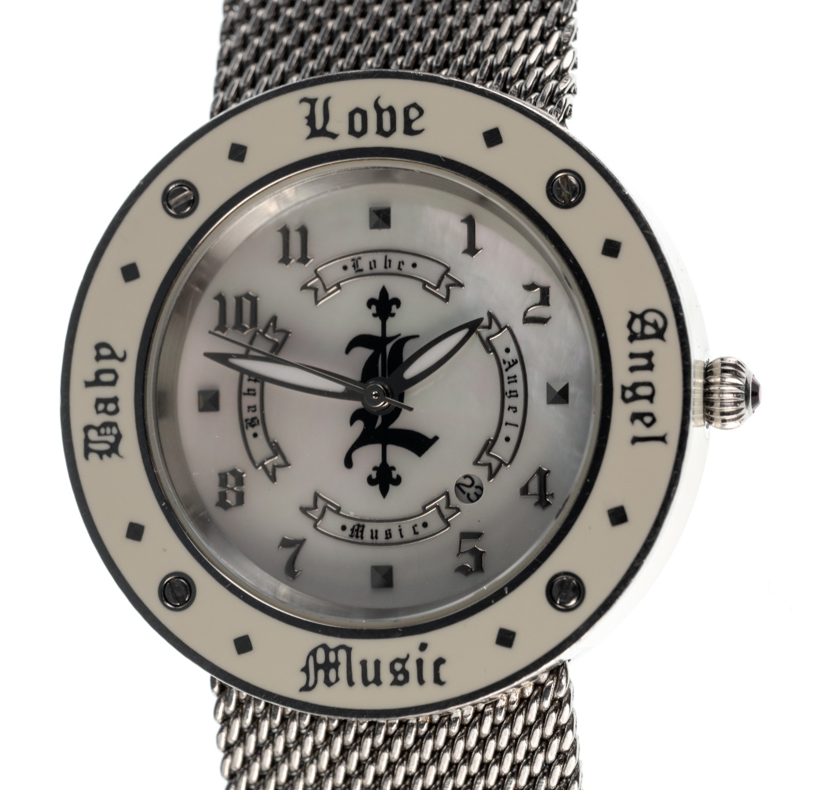 L.A.M.B. Gwen Stefani Watch LBD_3850110 Silver Mesh Mother of Pearl New Battery