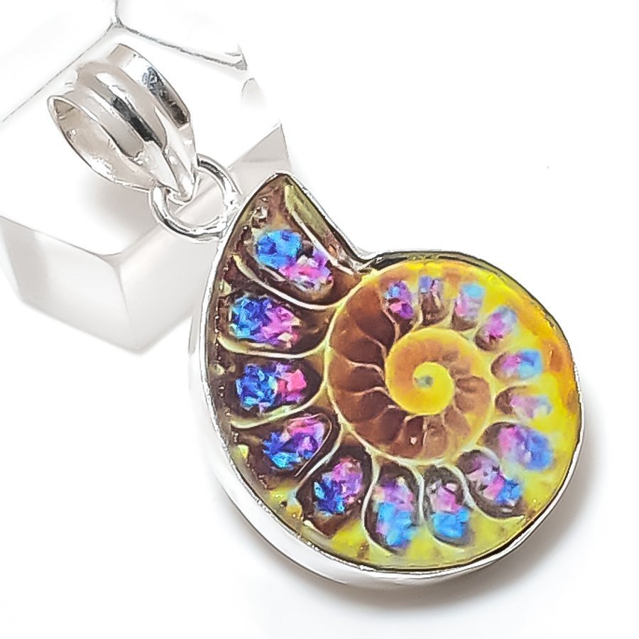 Ammonite Fossil Gemstone 925 Sterling Silver Jewelry Pendant 1.46″ w055
