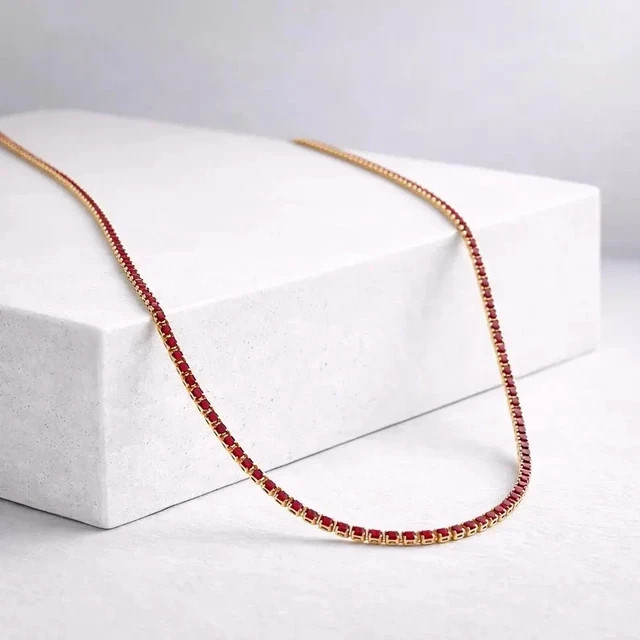 12Ct Round Cut Lab Created Ruby Women’s 14K Yellow Gold Finish Tennis Necklace
