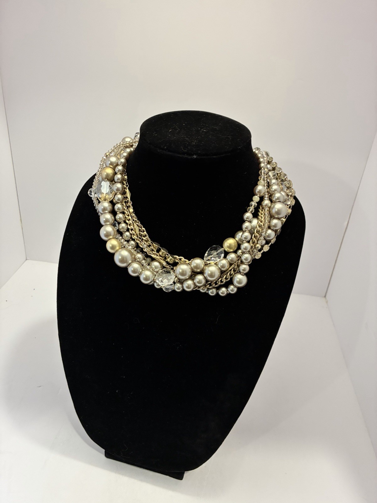 LOFT Gold Tone Layered Statement Necklace Imitation Pearl Crystal 18″ Adjust