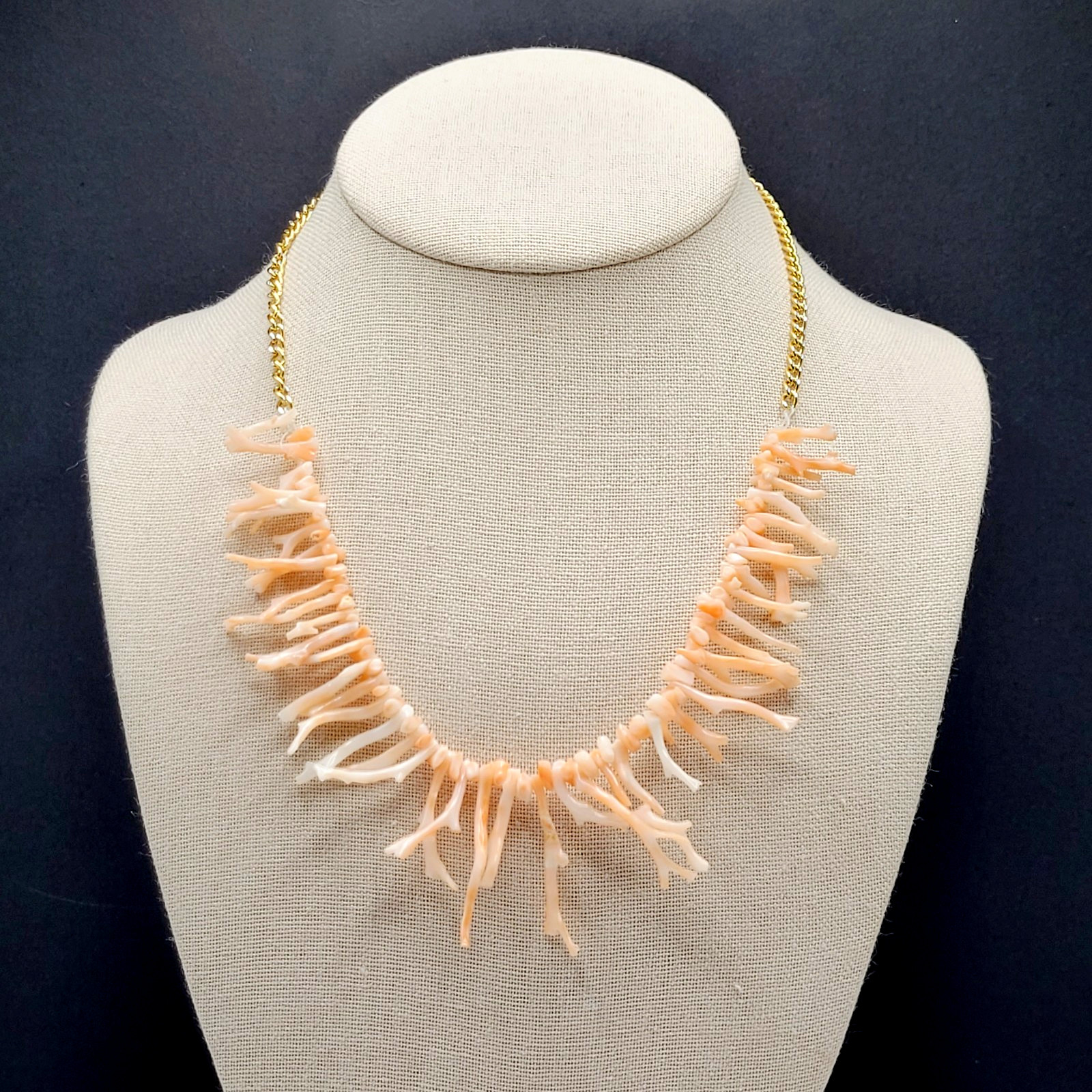 Natural Pink Peach Branch Coral Mixed Metal Tone Alloy Clasp Vintage Necklace