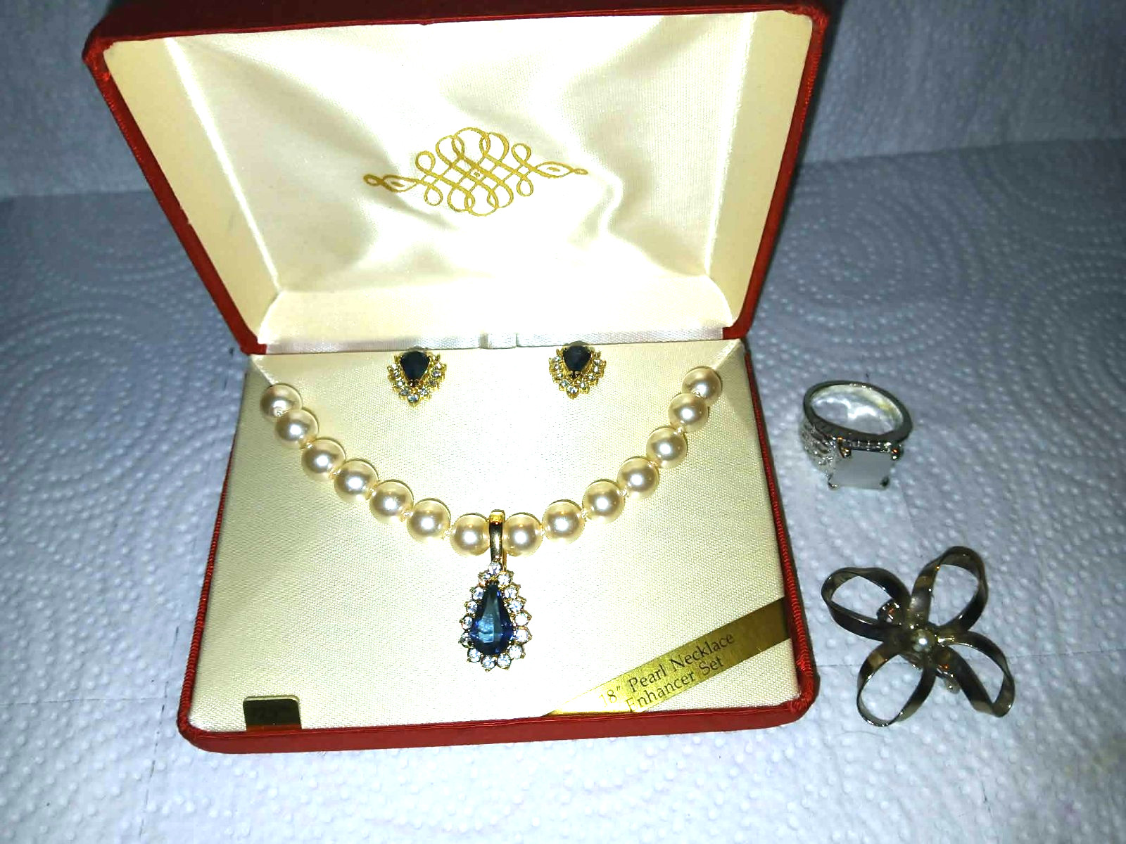 18″ Pearl Necklace Enhancer Pendant/ Earring SET+ Ring+ Vtg Pin#58