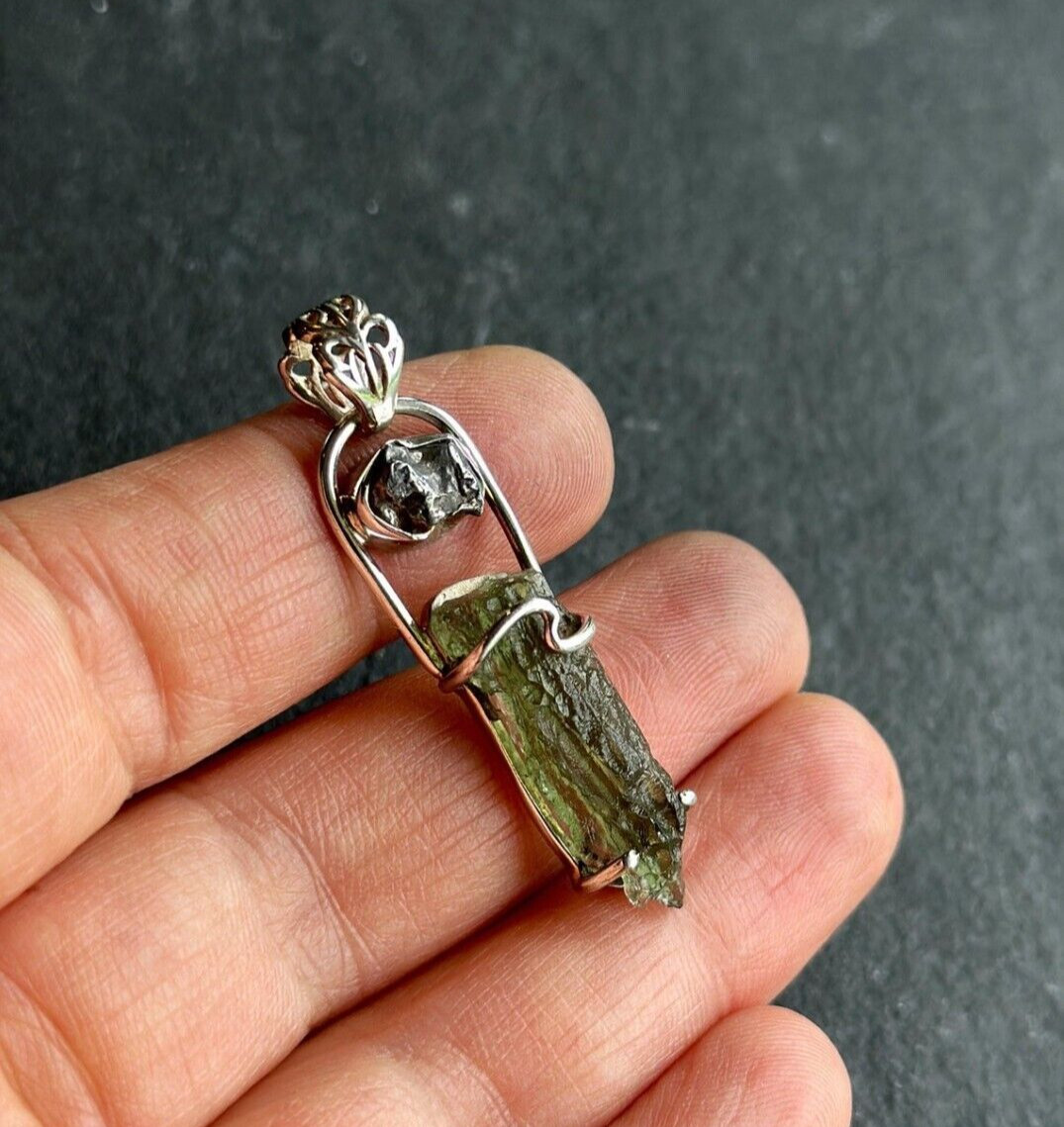 Natural Moldavite & Meteorite Raw Sterling Silver Pendant