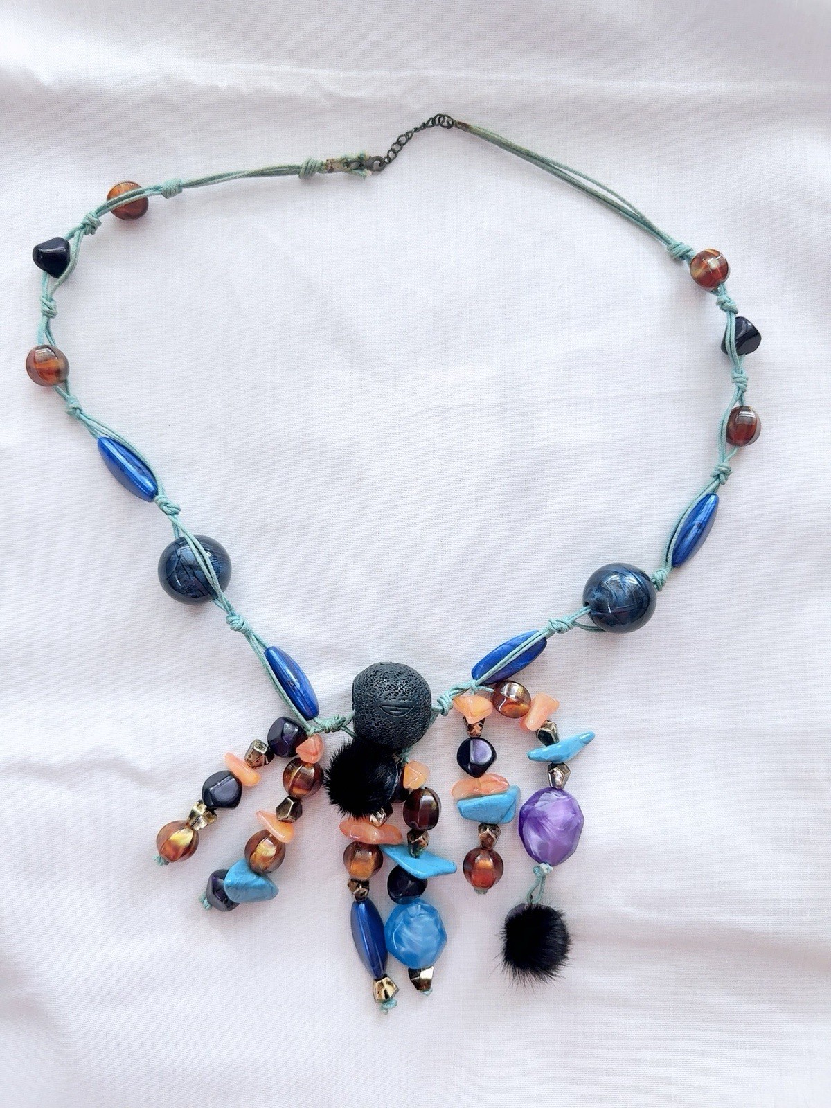 Handcrafted Bohemian Statement Beaded Necklace Blue Purple Brown Black Pom Pom