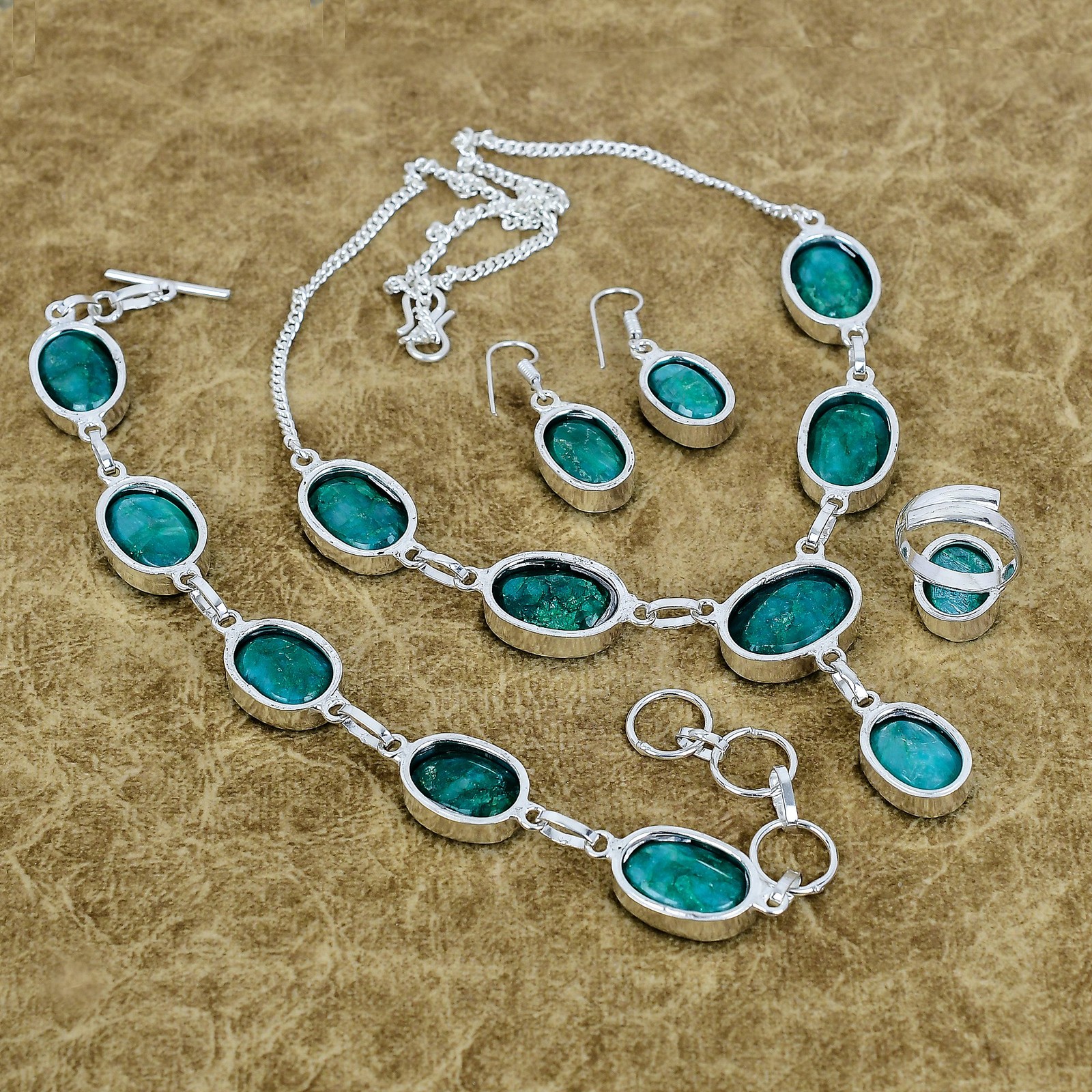 Natural Zambian Emerald Gemstone Handmade 925 Sterling Silver Oval Jewelry Set