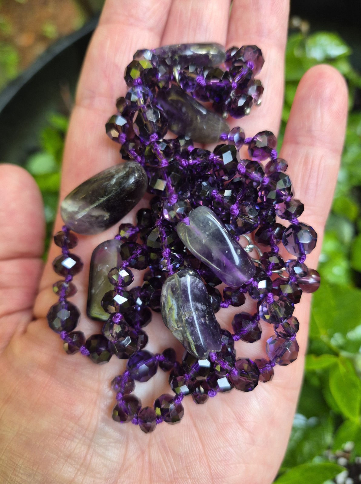 Artisan Faceted Purple Glass Crystal Amethyst Hand-knotted Necklace 37.5″ To 41″
