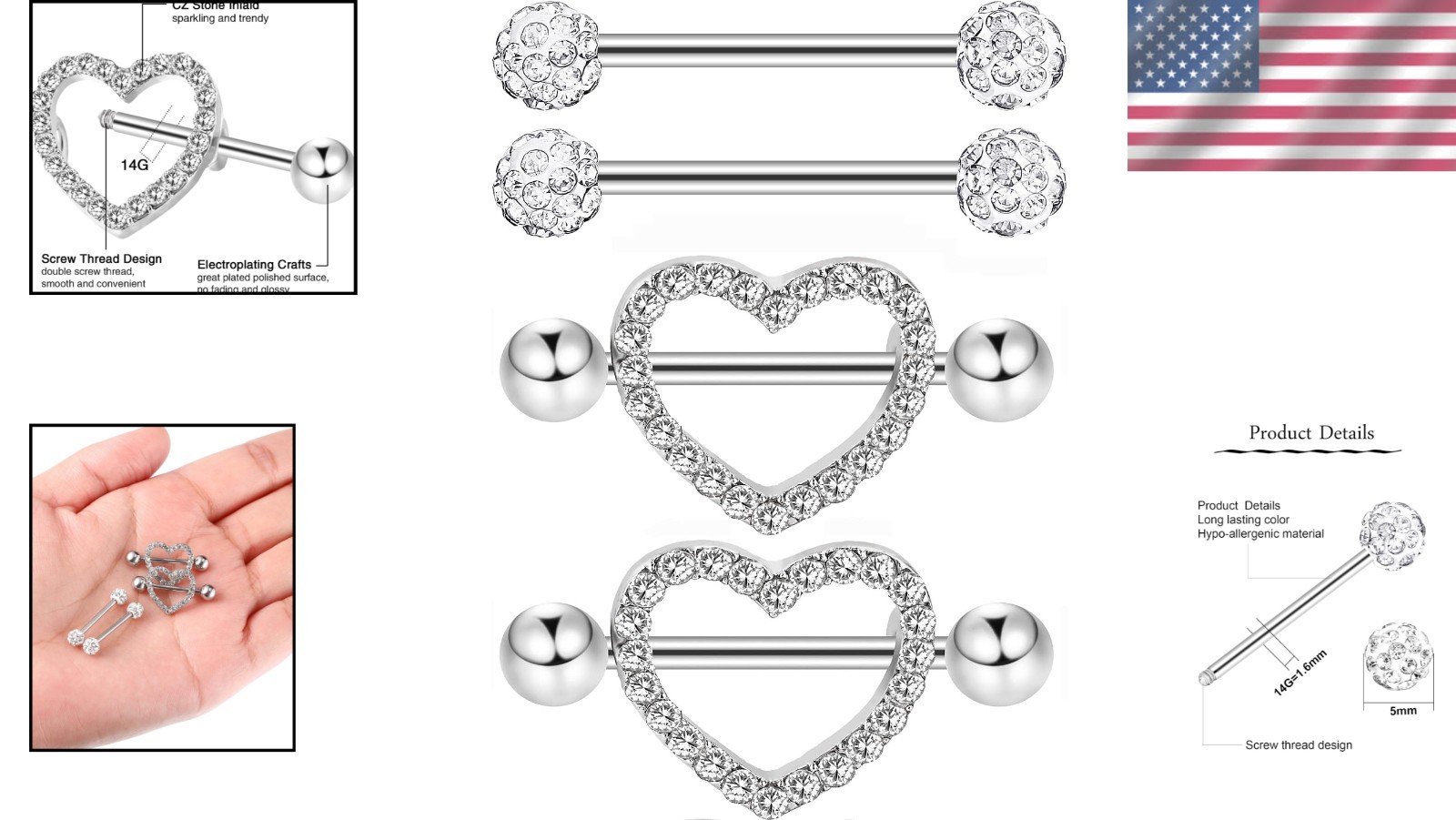 Fashion-Forward Stainless Steel Tongue Rings with Dazzling Rhinestones – 2 Pairs