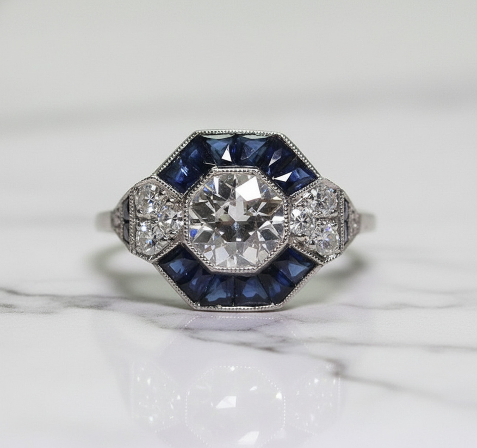 Old European Cut Lab Created Diamond 14K Gold Art Deco Bezel Set Engagement Ring