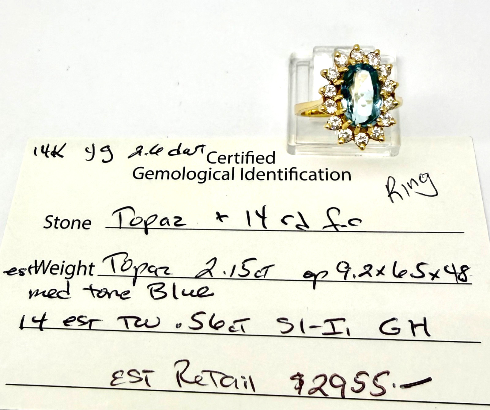 2.15 Carat Oval Blue Topaz & Diamond Halo Ring 14 k YG w/Card Appraisal – Size 6