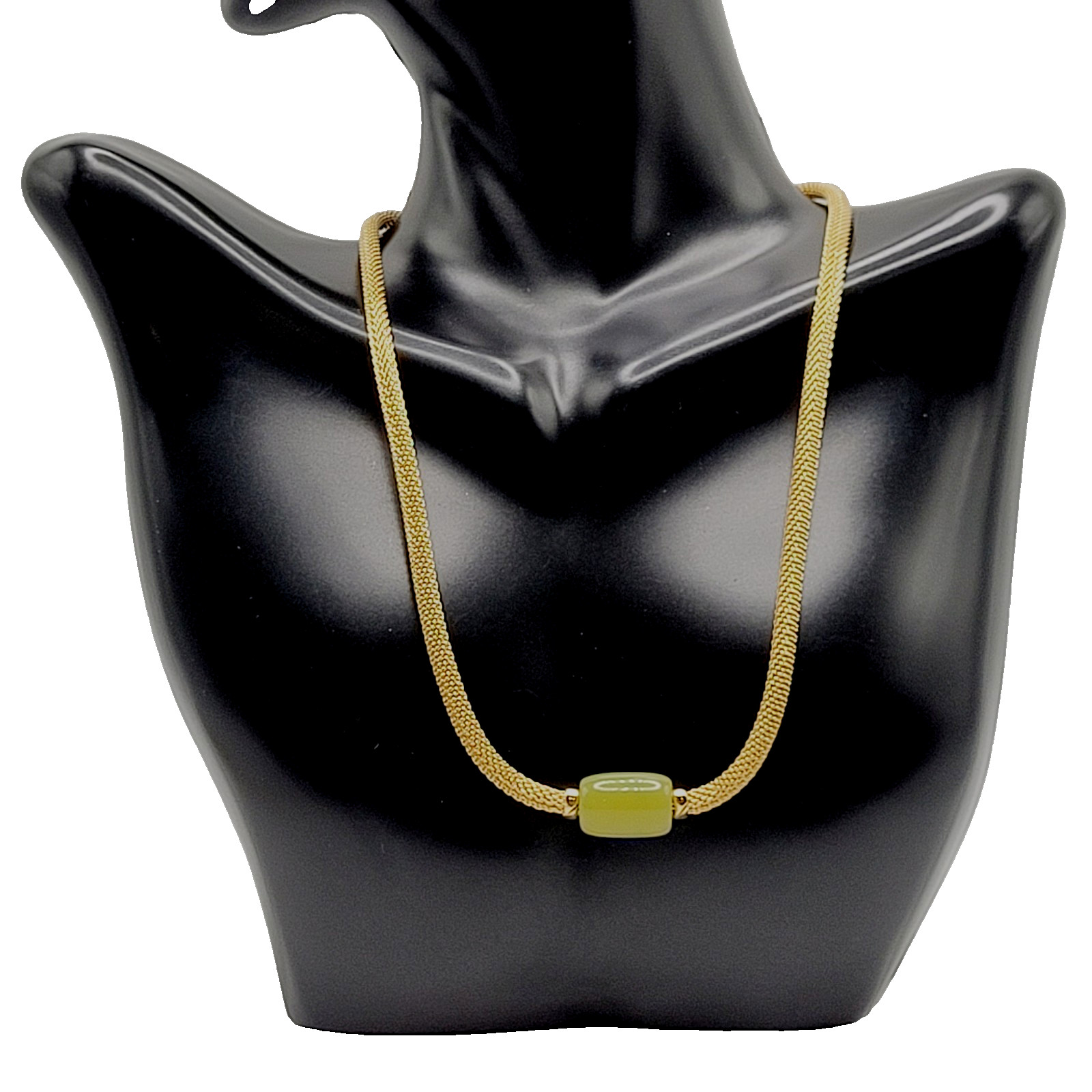 Crown Trifari Mesh Choker Necklace Lime Green Lucite Fixed Barrel Pendant 15 in