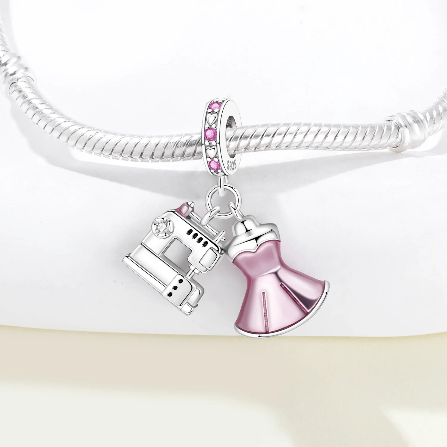 Original 925 Silver Sewing Machine Pendant Pink Dress Necklace Birthday Party