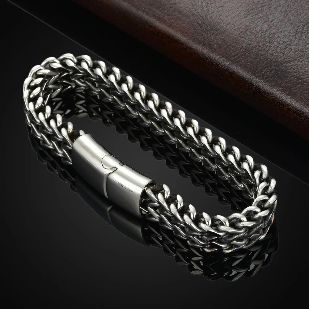 Double Row Stainless Steel Braided Bracelet with Magnetic Alloy Clasp for Men