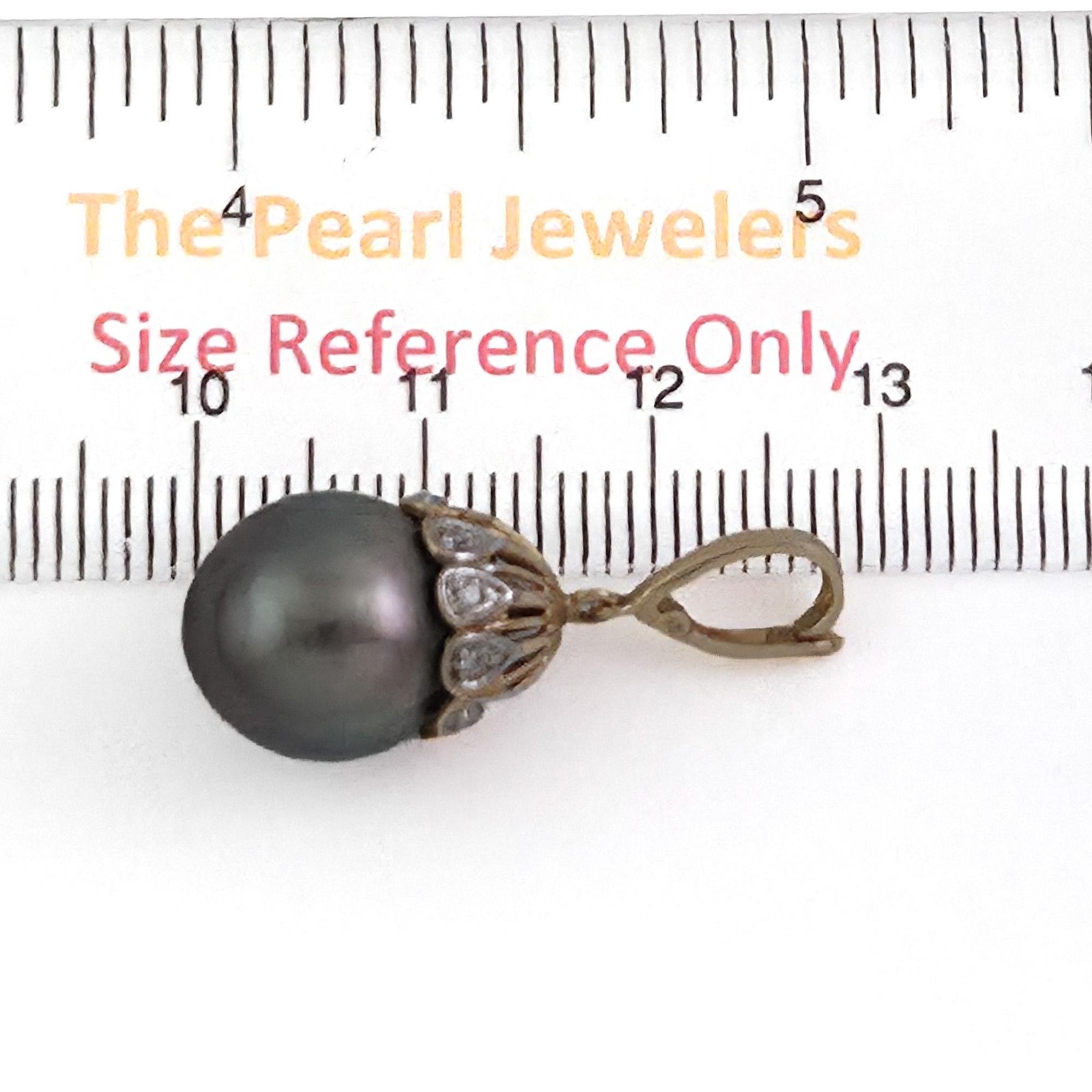 Black Gray Tahitian Pearl & 14k Yellow Gold Flowery-Cap Bale with 6 Diamonds