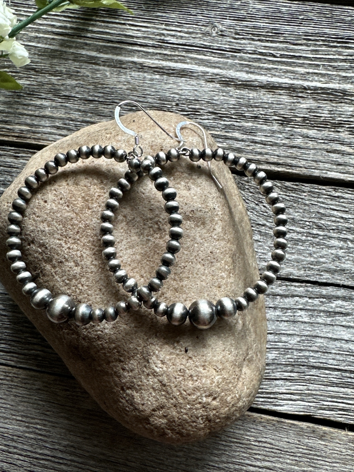 Sterling Silver Oxidized Pearls Bead Hoop Earrings. 2.6 Inch