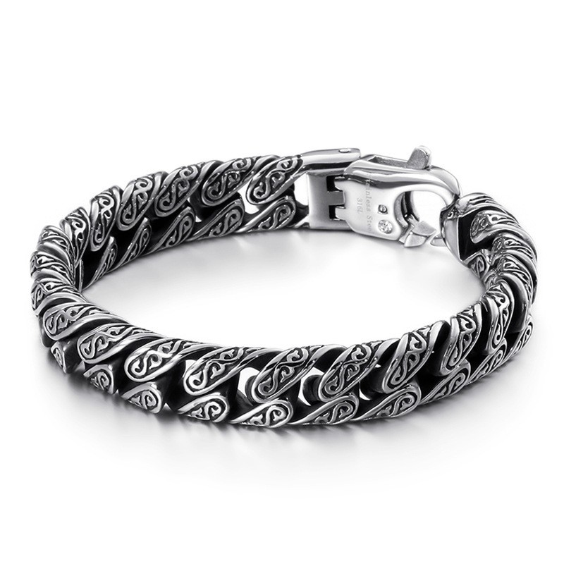 Men Vintage Distressed Silver Titanium Steel Necklace Bracelet Set Hip Hop Punk