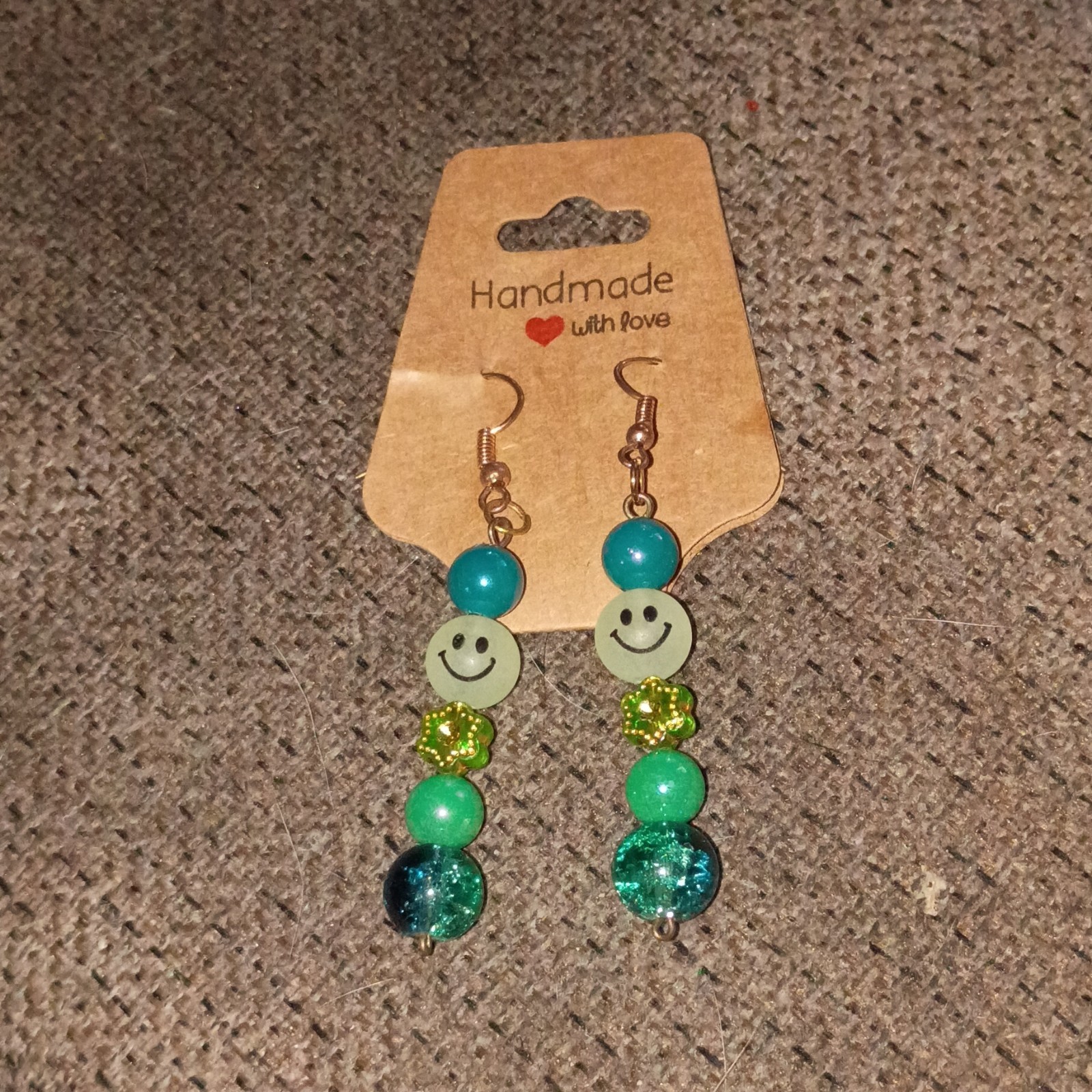 Handmade Dangly Earrings With :-) Beads And Flour Beads