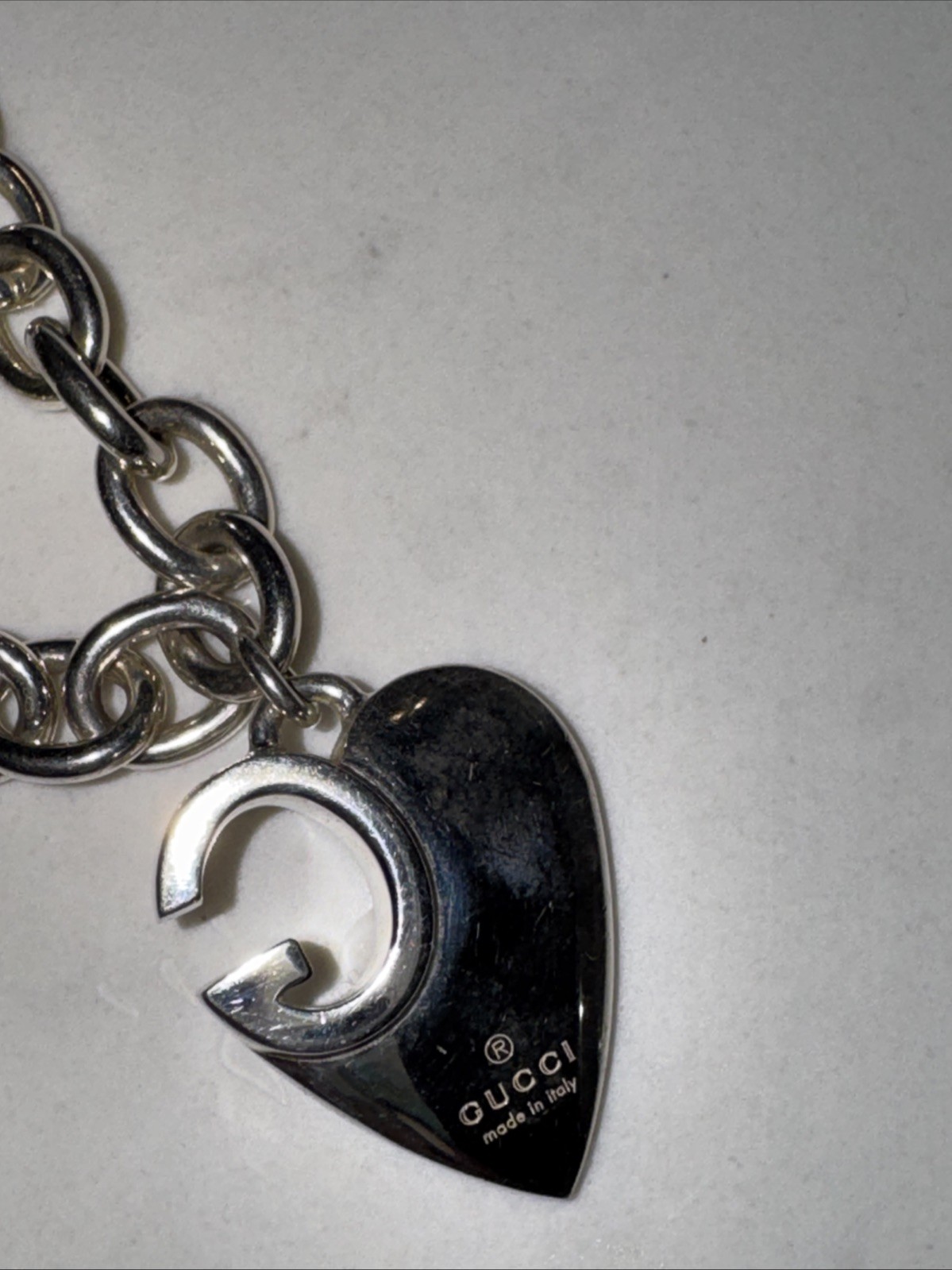 Auth GUCCI HEART CHARM *G* .925 STERLING SILVER Chain Bracelet 7.5”