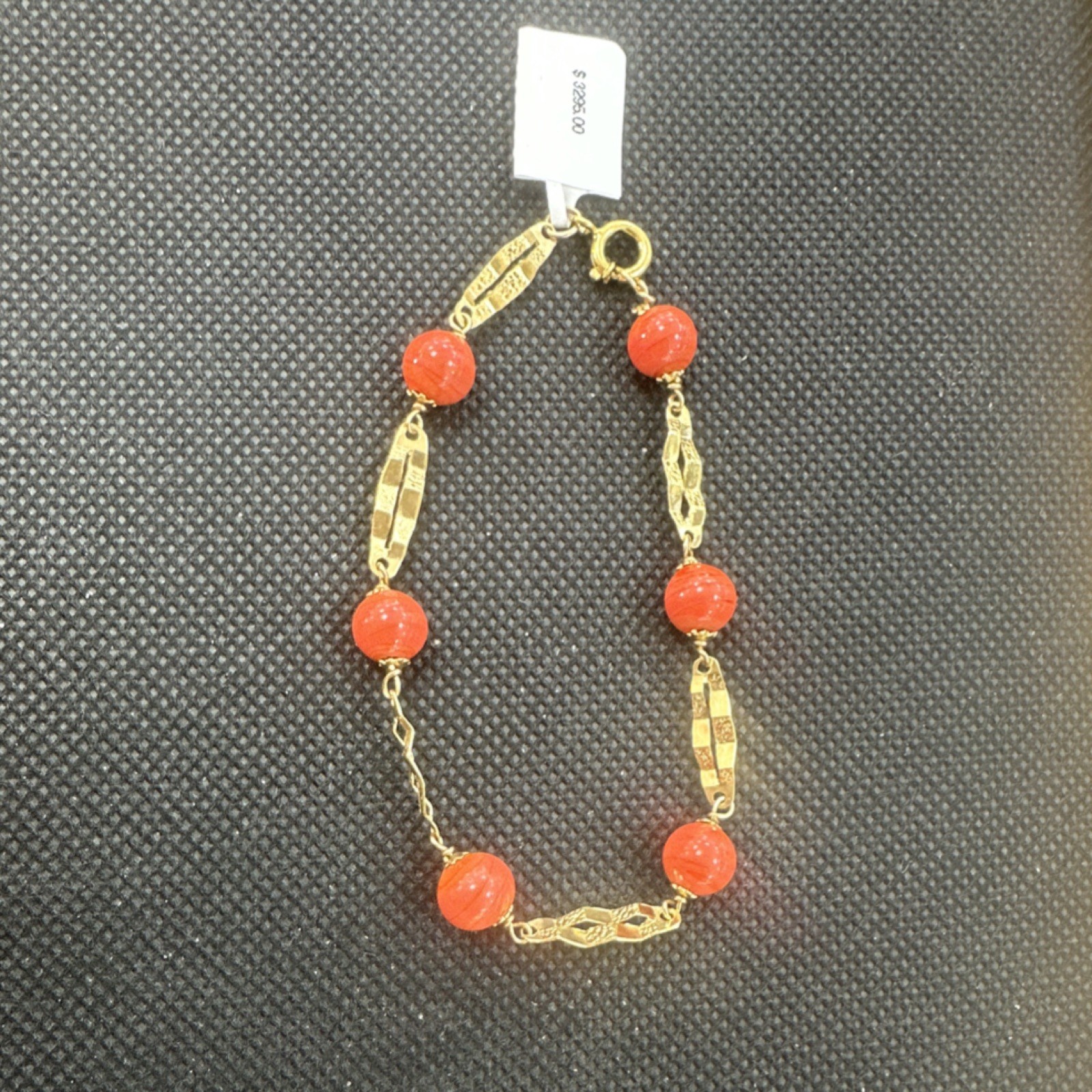 18k Yellow Gold Coral Beaded Chain Bracelet Spring Ring 7.6-8 in 6.05ctw