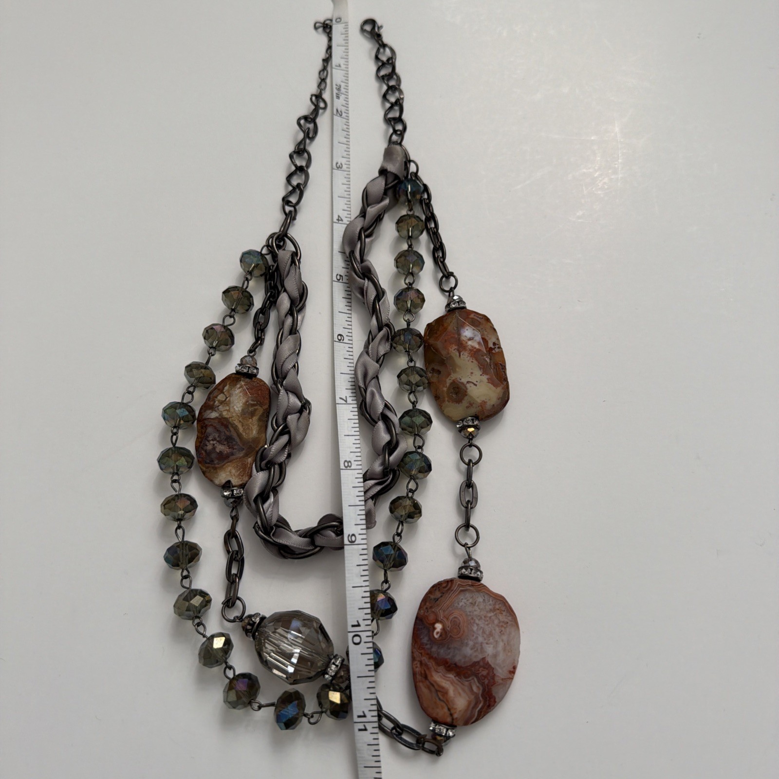 Vintage Cookie Lee Multi Strand Statement Necklace Agate Crystal Gunmetal Gray