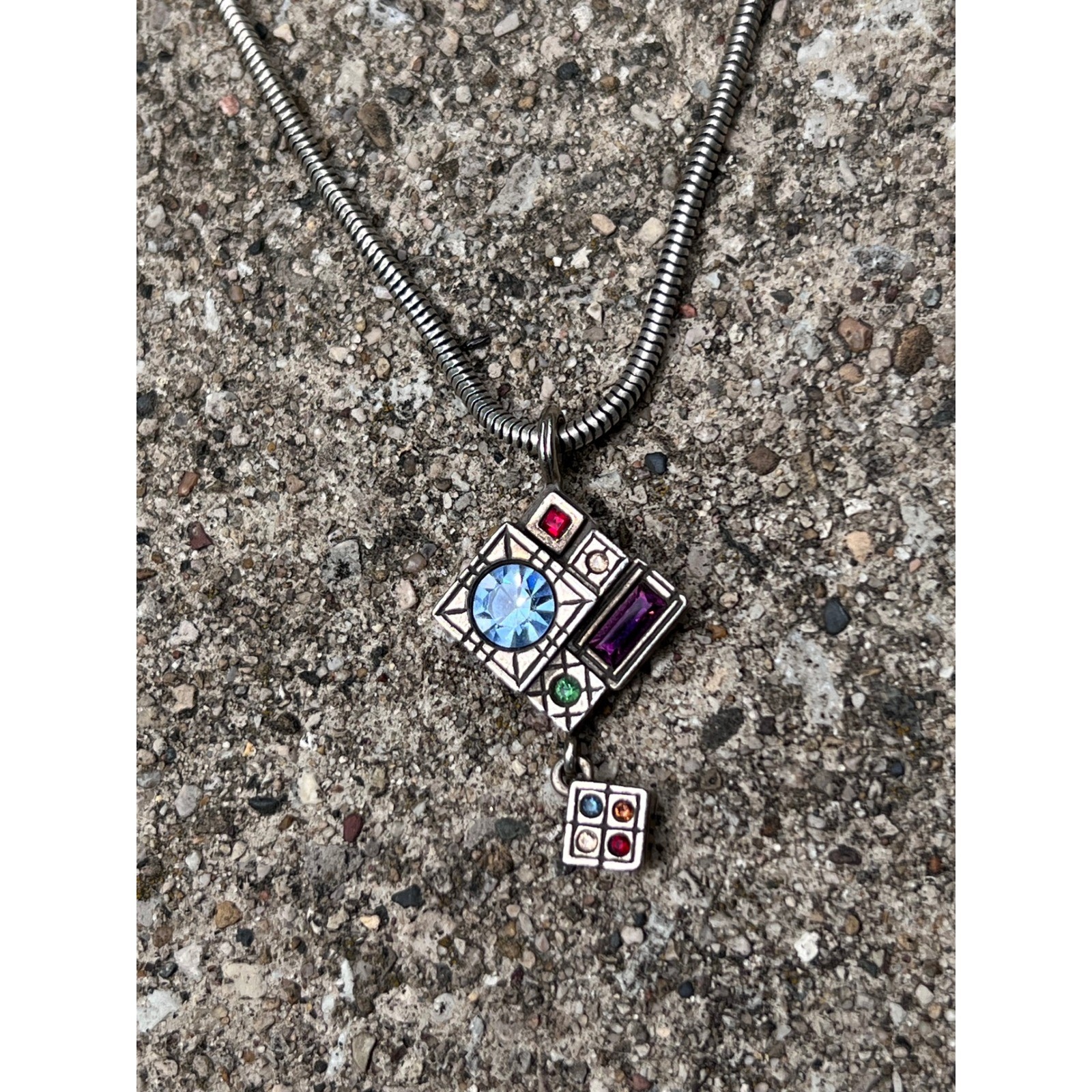 VTG PATRICIA LOCKE Modernist Geometric Mosaic Silver Crystal Dbl Square Necklace