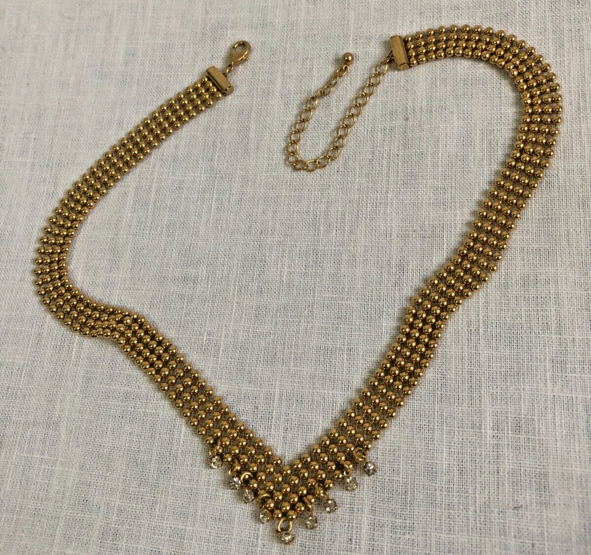 Goldtone Beaded Choker with Dangling Clear Rhinestones 9.5 in