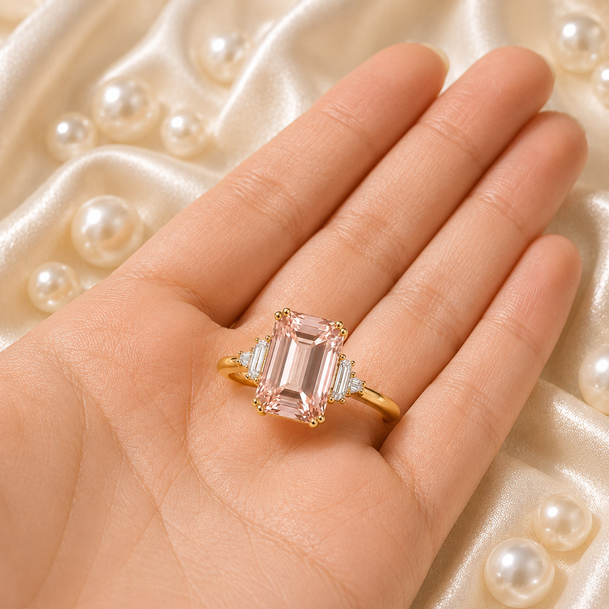 Fancy Vivid Pink IGI Lab Grown Emerald Cut Diamond Ring 4.40 Ct 14k Yellow Gold