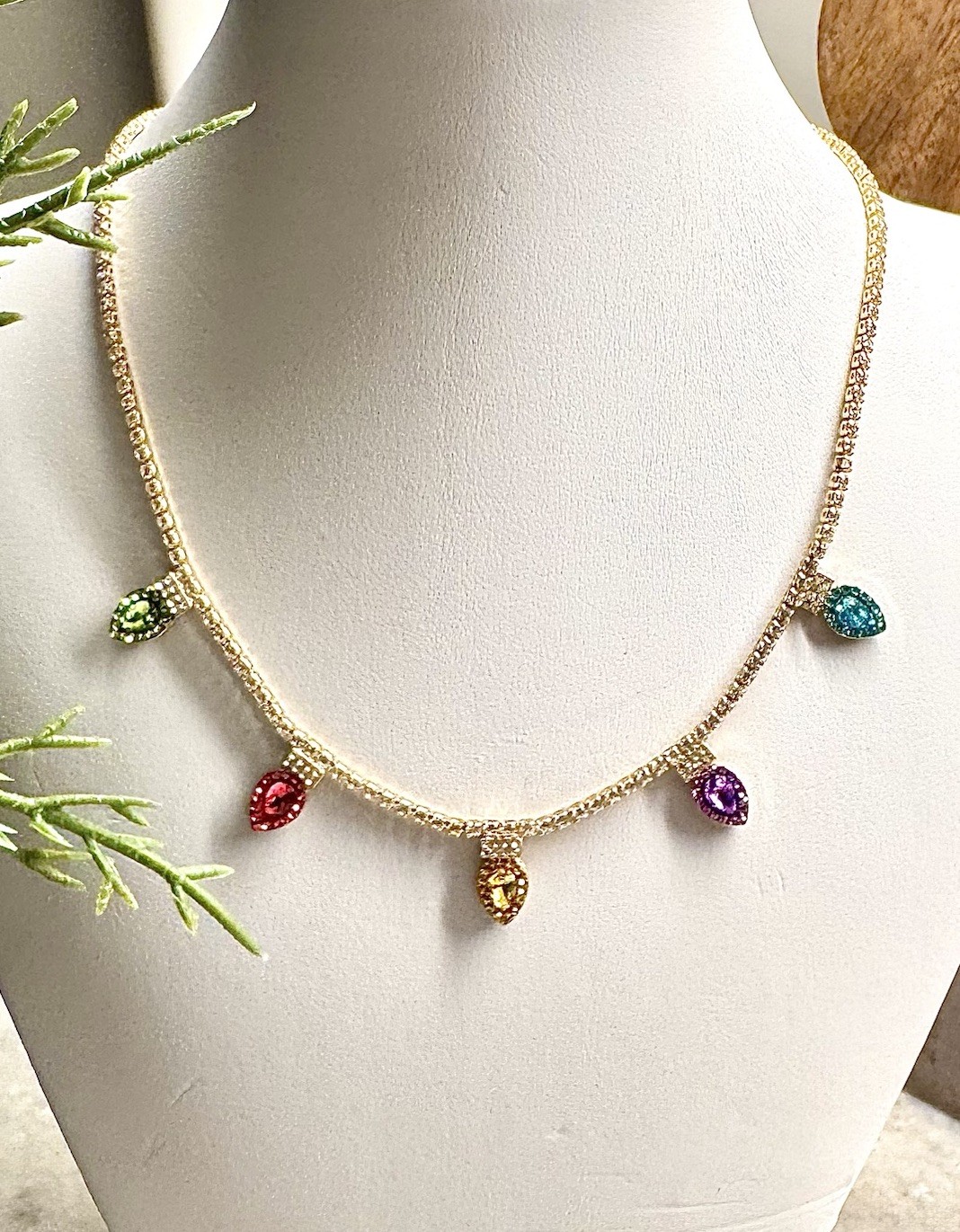 New Multicolor Christmas Lights Rhinestone Crystal Necklace 16” + 3” Extender