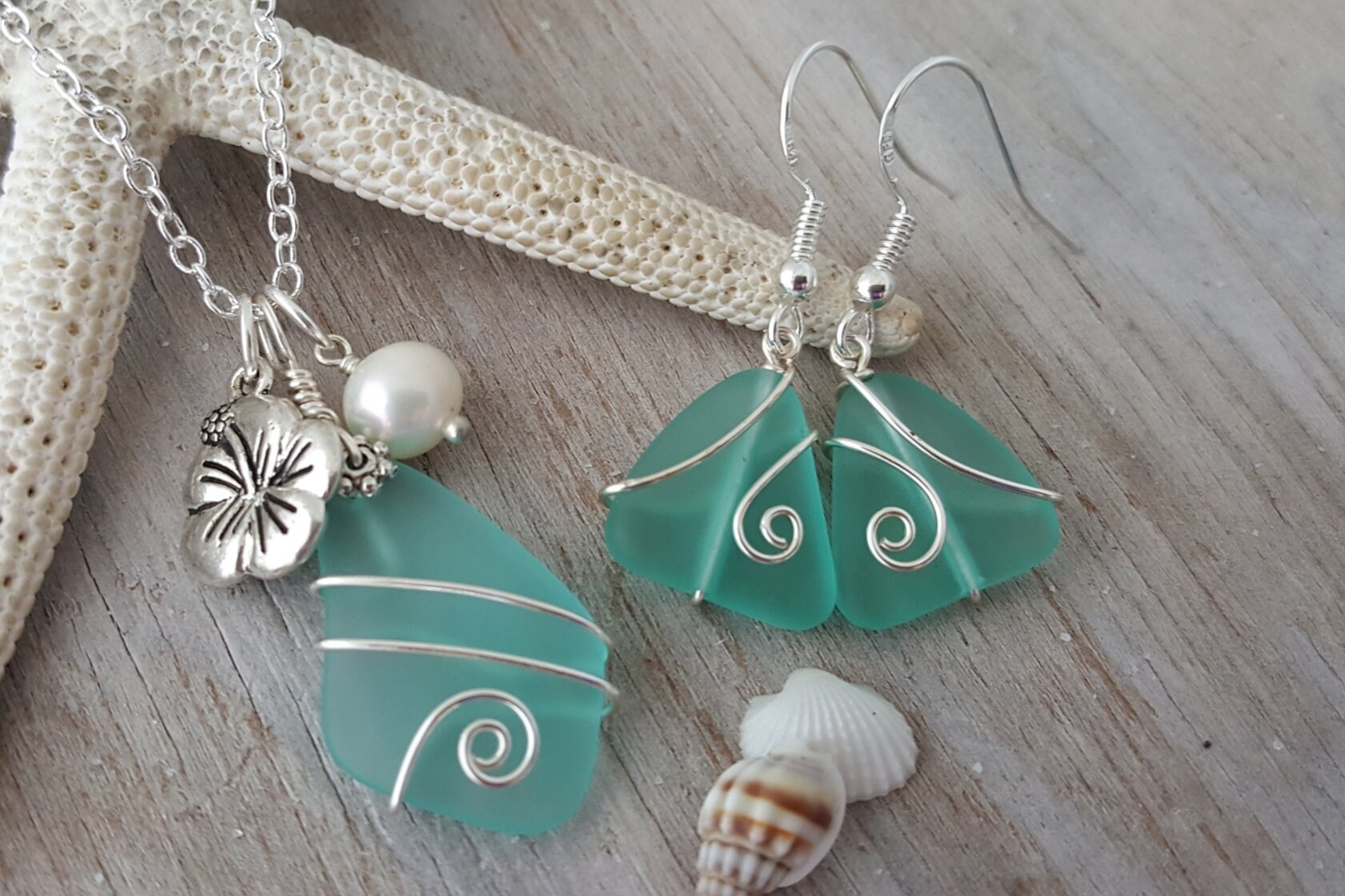 Hawaiian Jewelry Sea Glass Set, Wire Aquamarine Necklace Earrings Jewelry Set,