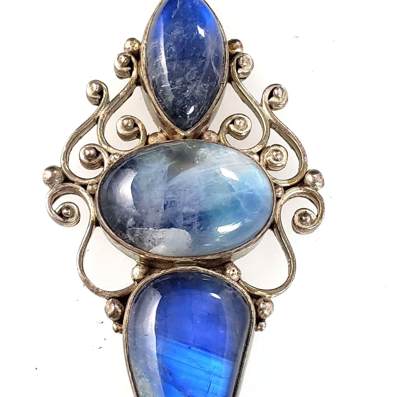 Vintage Handmade Sterling Silver 925 Three Stone Blue Labradorite Pendant PA-LP3