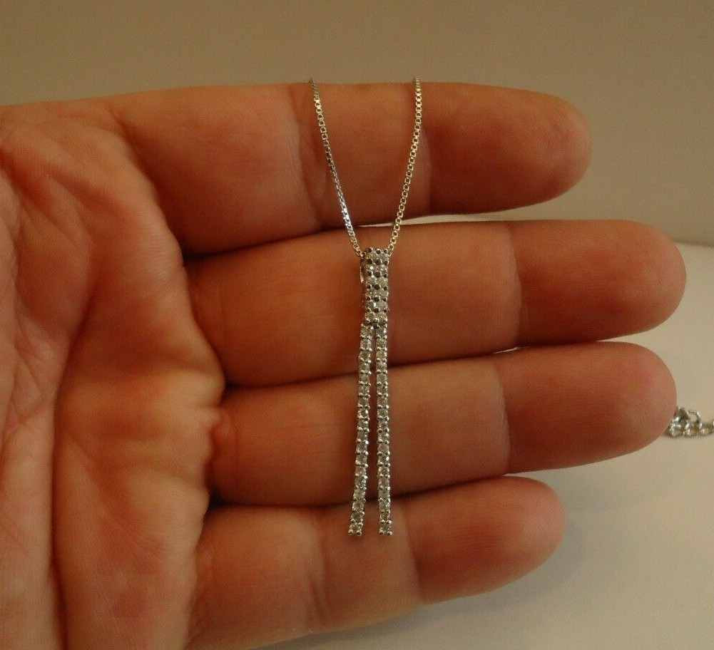 DOUBLE BAR DESIGN NECKLACE PENDANT W/ LAB DIAMONDS/ 925 STERLING SILVER / 18”
