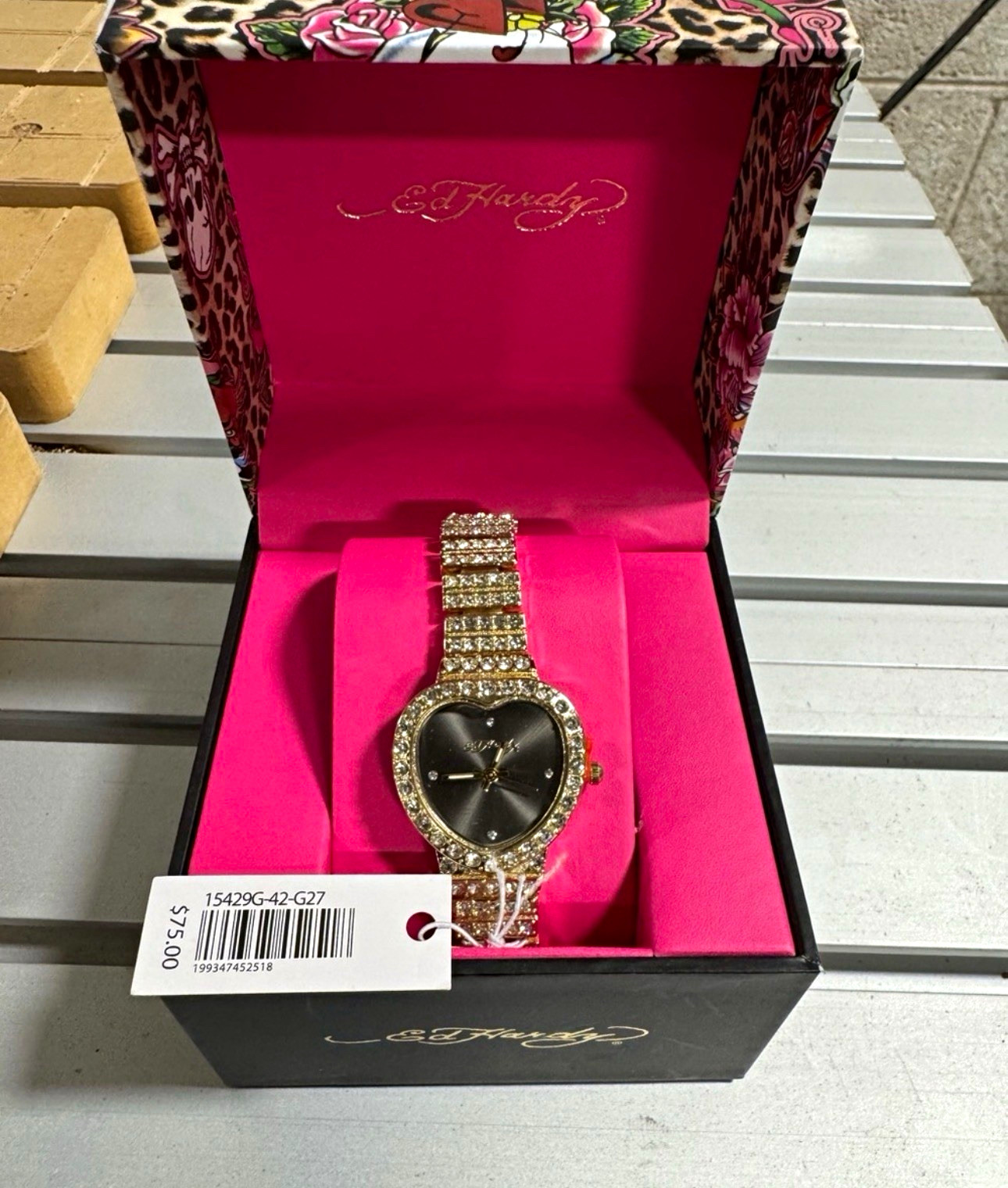 Ed Hardy Women’s Quartz Heart Watch Gold Tone Bracelet Black Dial Box