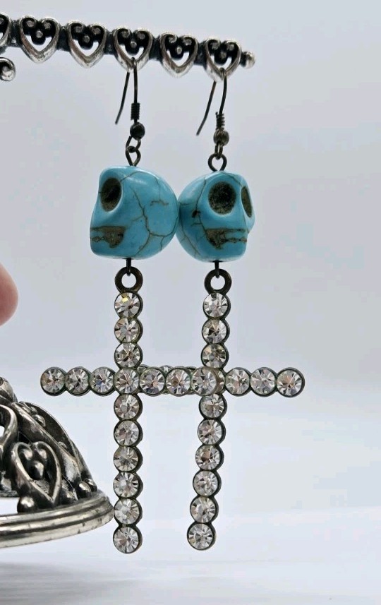 Turquoise Howlite Crystal Cross Drop Dangle & Skulls Earrings Halloween 3.75 in