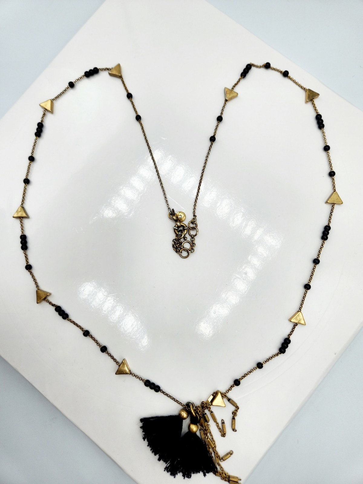 “J.Crew Black Beaded Tassel Necklace Gold Tone Triangle Stations Boho Long 32”