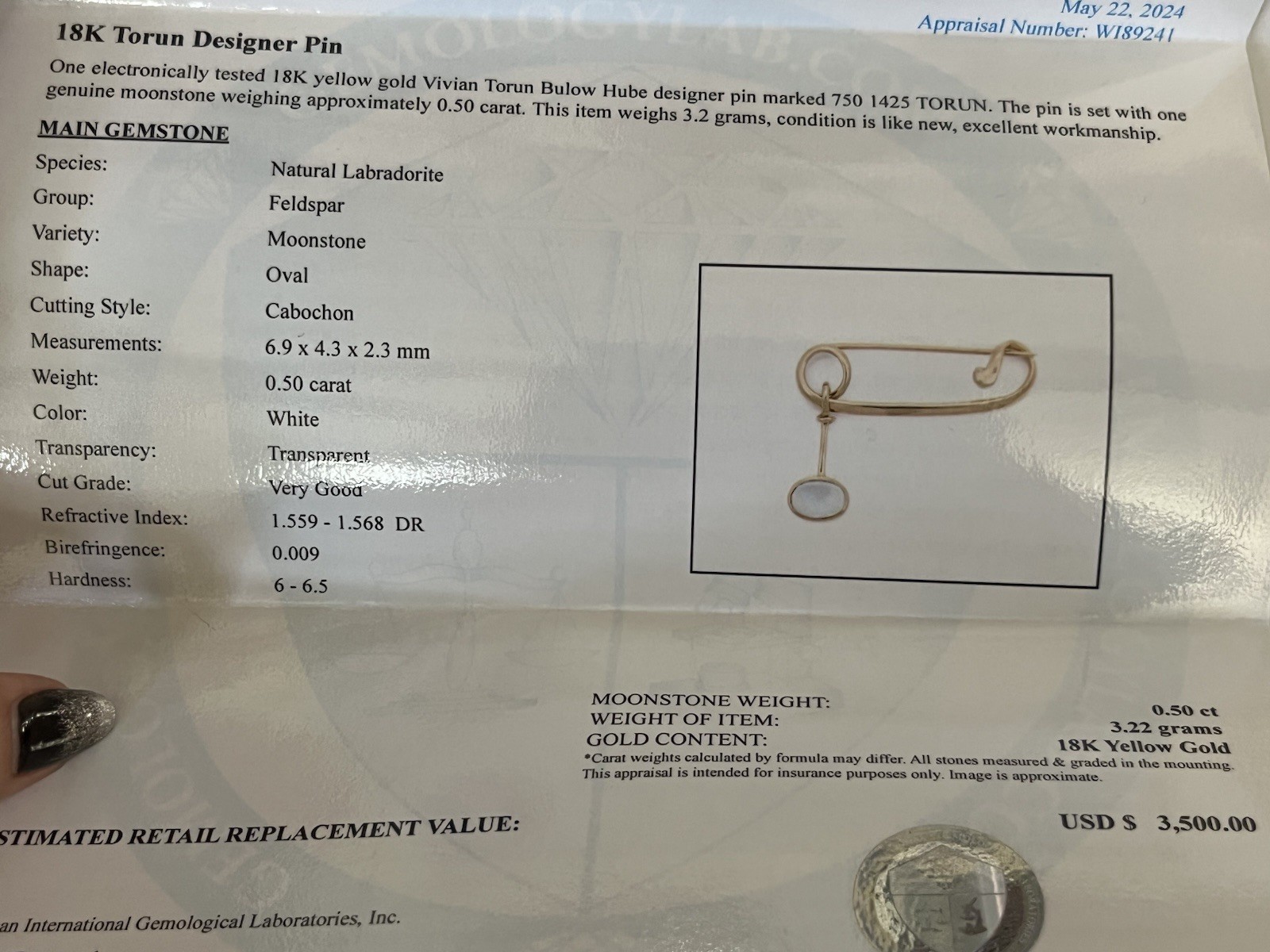 18k Marked 750 Torun Designer Pin Moonstone