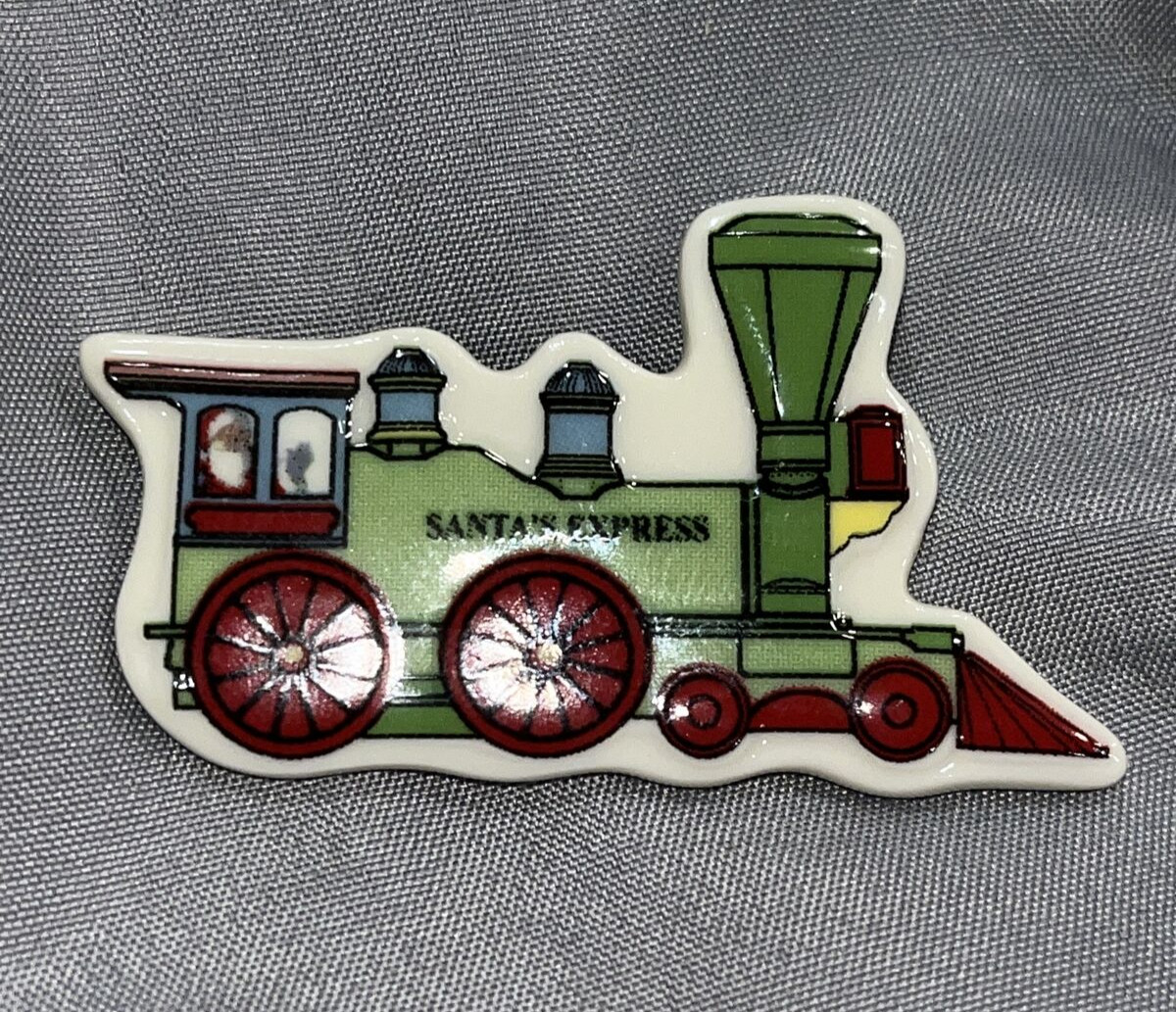Christmas Train Brooch Pin Spode White Porcelain Painted Santa Express