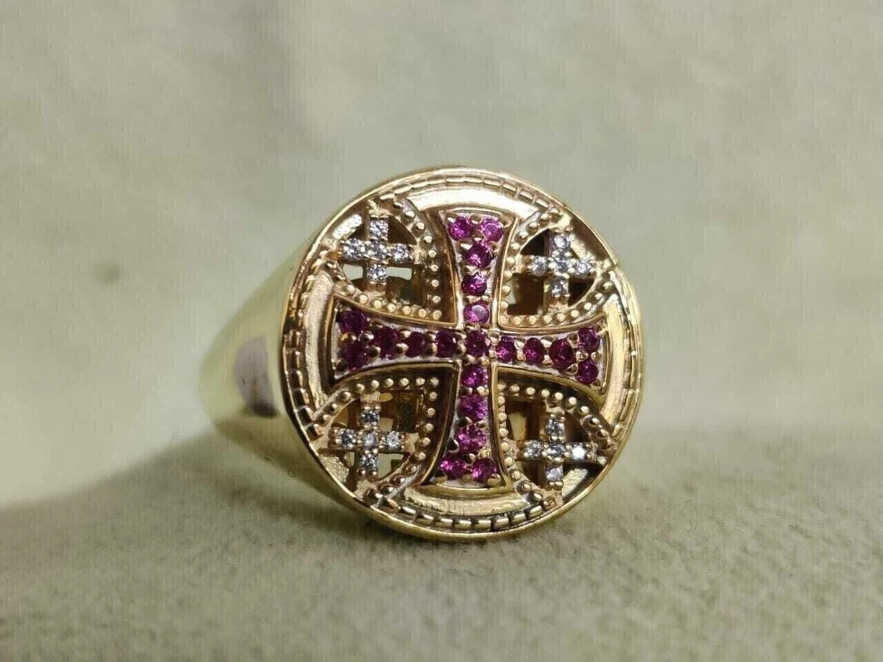 1Ct Round Cut Lab-Created Diamond Amethyst Men Cross Ring 14K Yellow Gold Plated