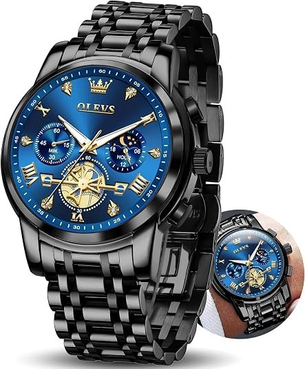 OLEVS Men’s Stainless Steel Chronograph Watch, Big Blue Face/Silver Strap