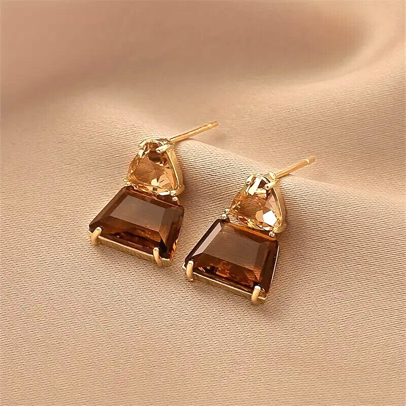 14K Gold Plated Vintage Luxury Copper Earrings Brown Sparkling Rhinestone Women