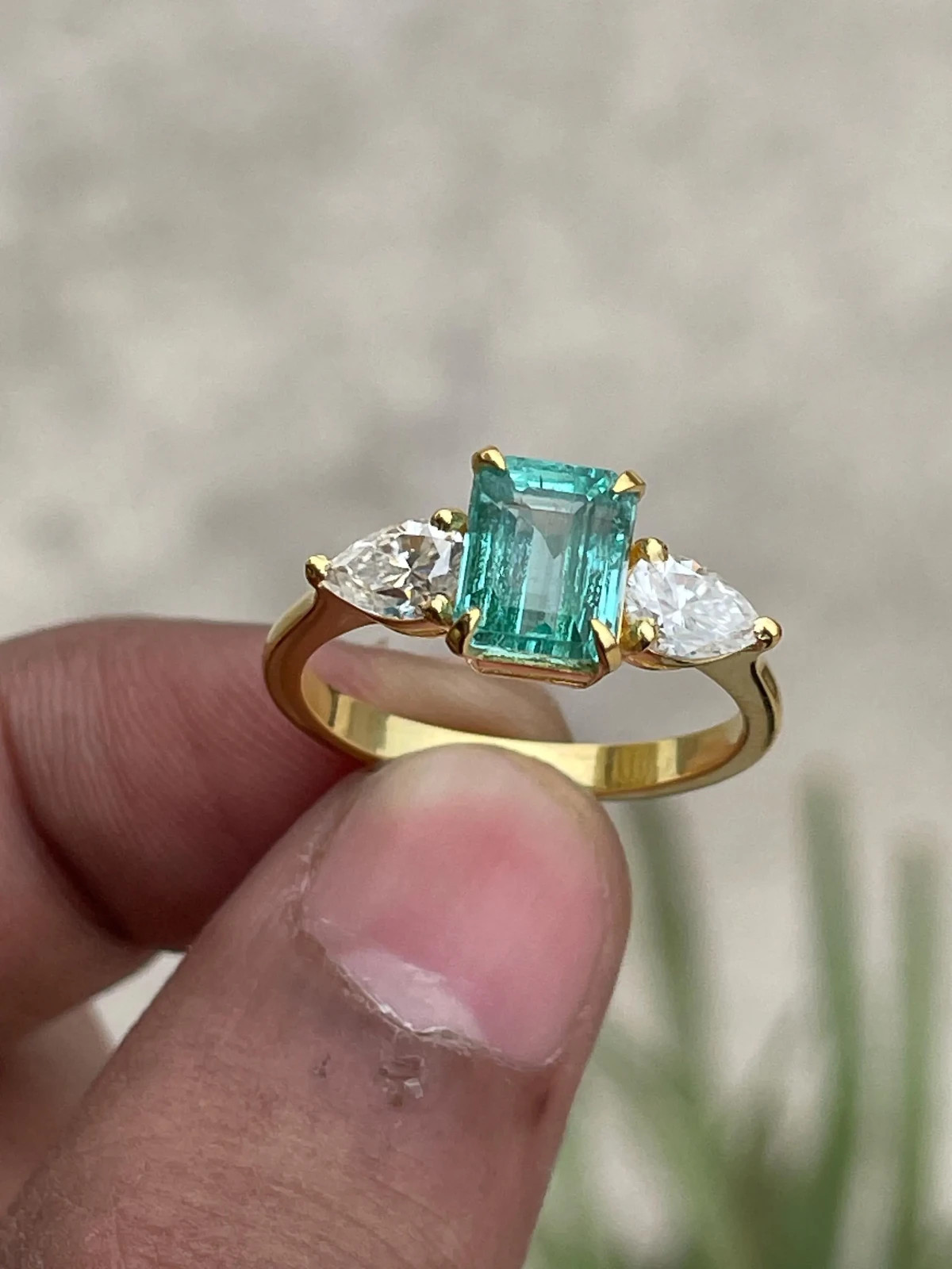 Natural Emerald Three Stone Ring Pear Moissanite 925 Silver Ring