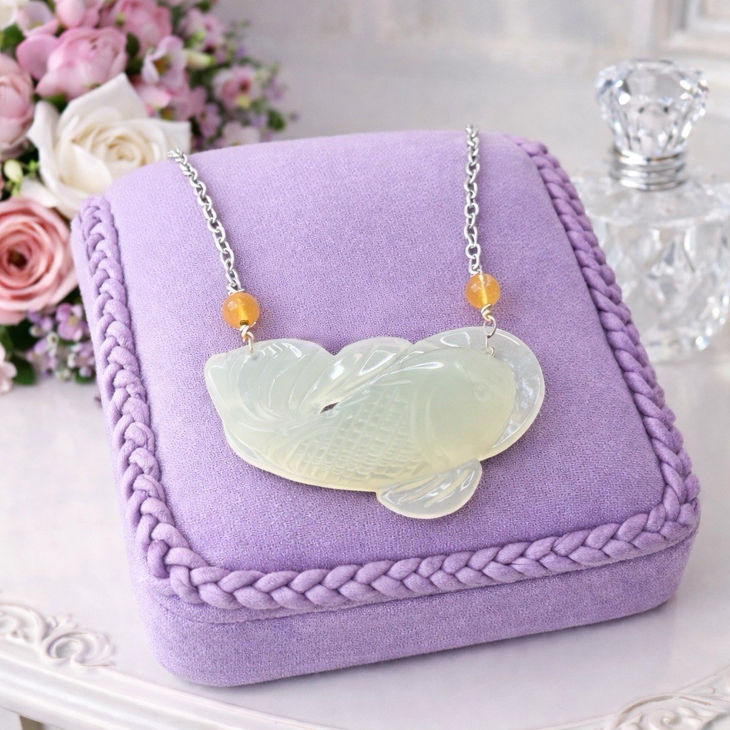 16” Ice Green & Orange Jade Fish Pendant Necklace – Presidium Tested