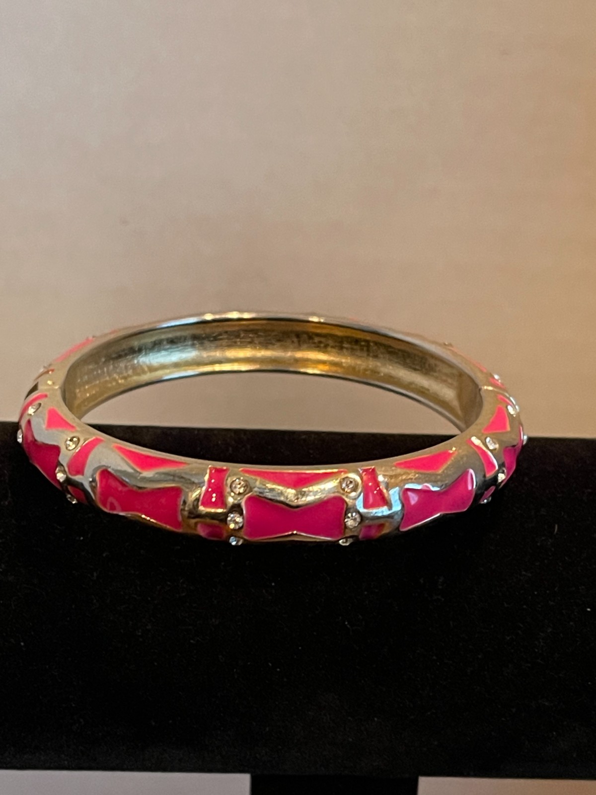 Hot Pink Fuchsia Enamel Clamper Cuff Bangle Bracelet Rhinestone Hinged Estate
