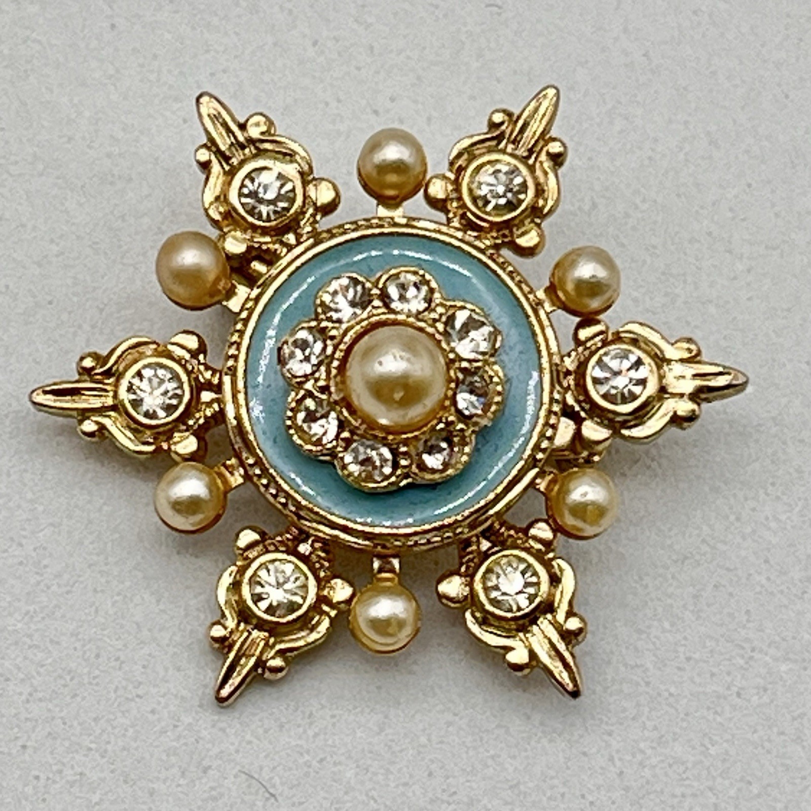 Vintage Blue Enamel Brooch Faux Pearl Rhinestone 1.25″