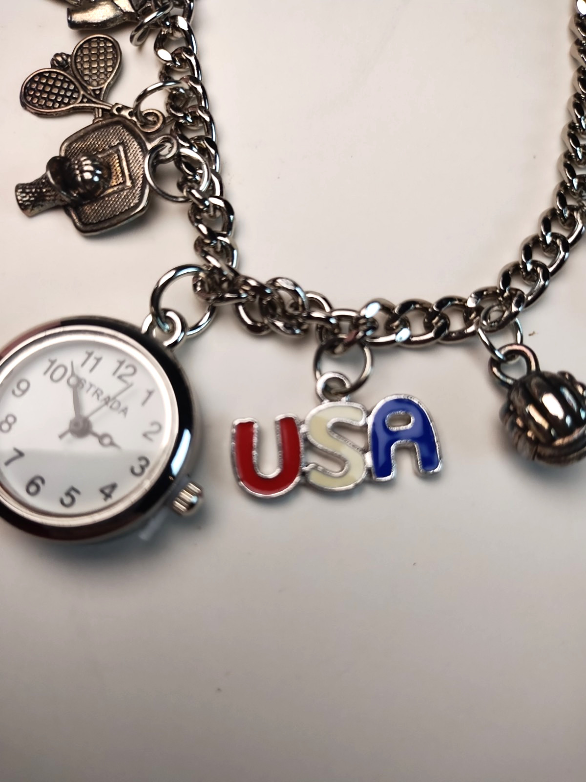 STRADA New Old Stock Sports Charm Bracelet Watch Golf Tennis Baseball Soccer