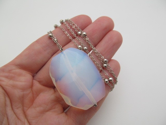Vintage Iridescent Clear Glass Stone Oval & Ball Long Chain Link Necklace 37 In