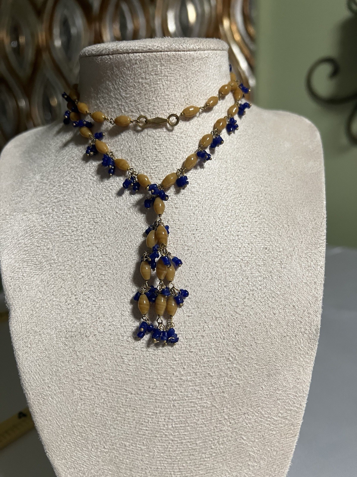 Vintage Mid Century Czech Glass Y Necklace Cobalt Blue Caramel Drop 25″