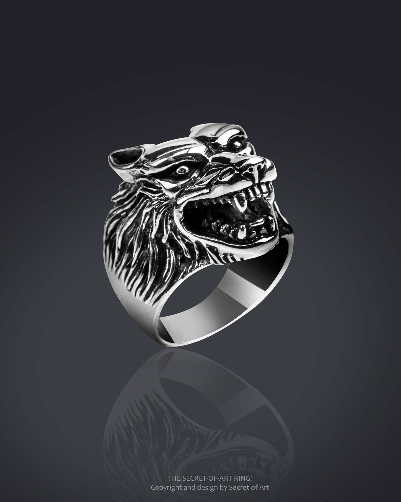 Wolf Ring Silver 925 huge 3D Wolfhead Biker Rocker Mens jewelry US-size 8-13