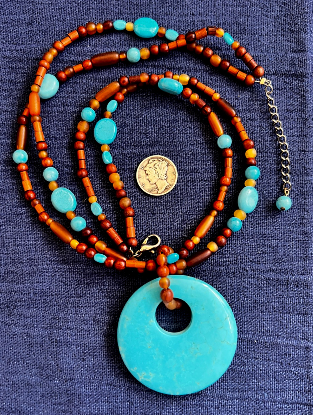 Beaded Necklace 17.5 To 19.5 Inches Long Lobster Clasp Turquoise Blue Brown