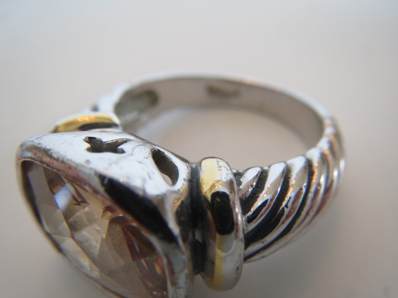 18K HG Electroplate Silver Twisted Cable Faceted Quartz RING Size 8 Two-Tone
